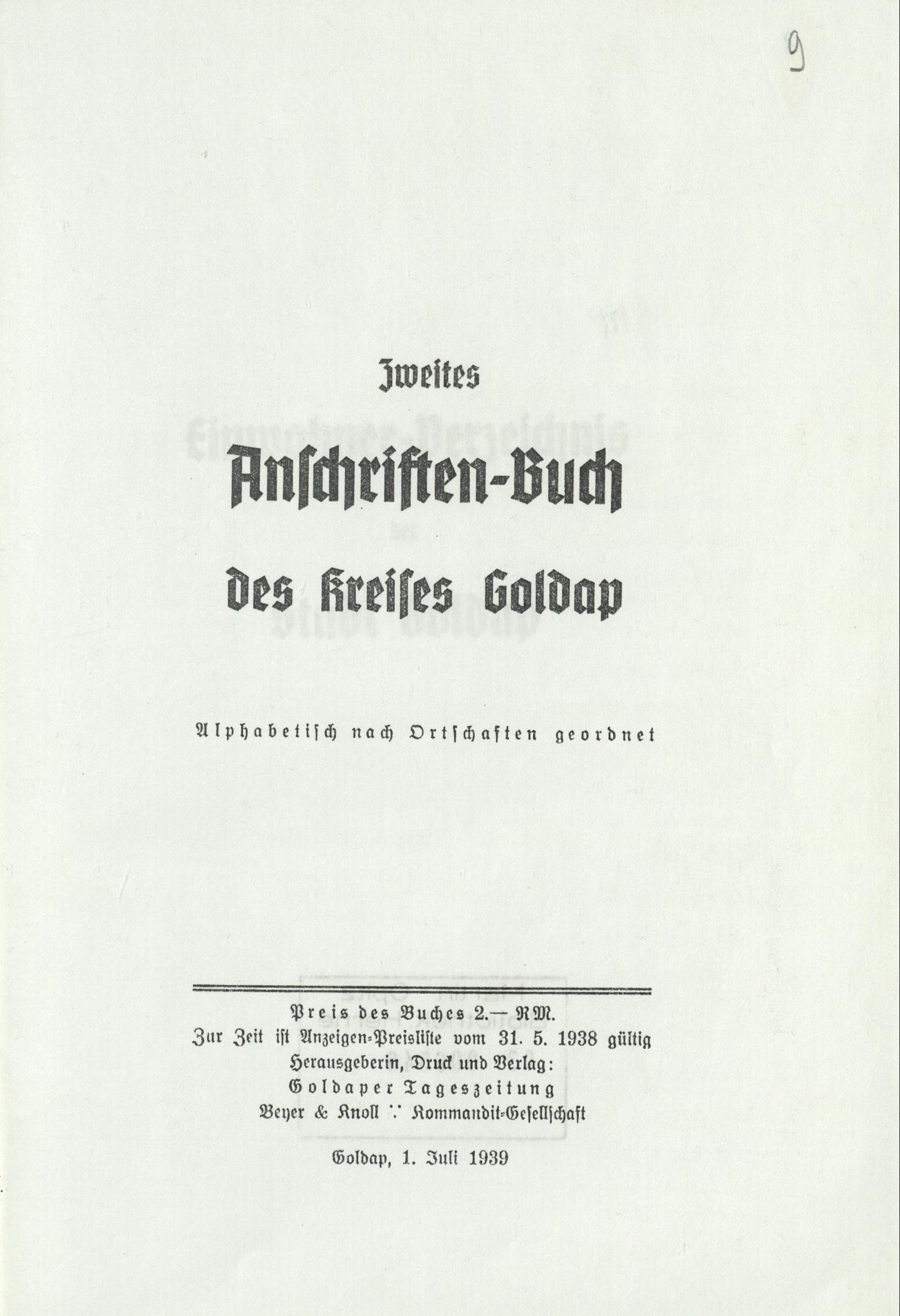 Zweites Anschriften-Buch des Kreises Goldap 1939