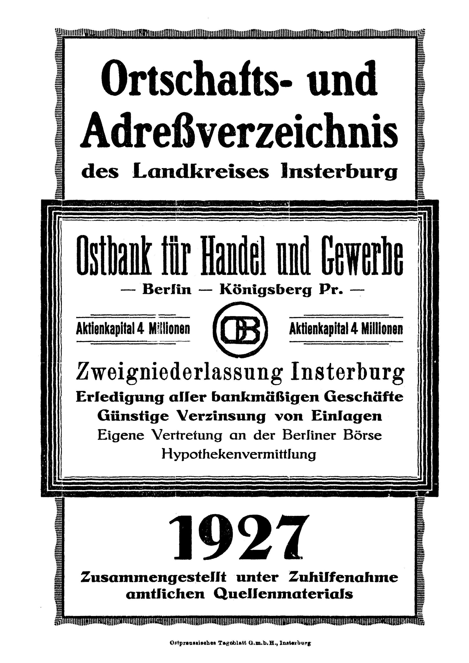 Ortschafts- und Adreßverzeichnis des Landkreises Insterburg 1927