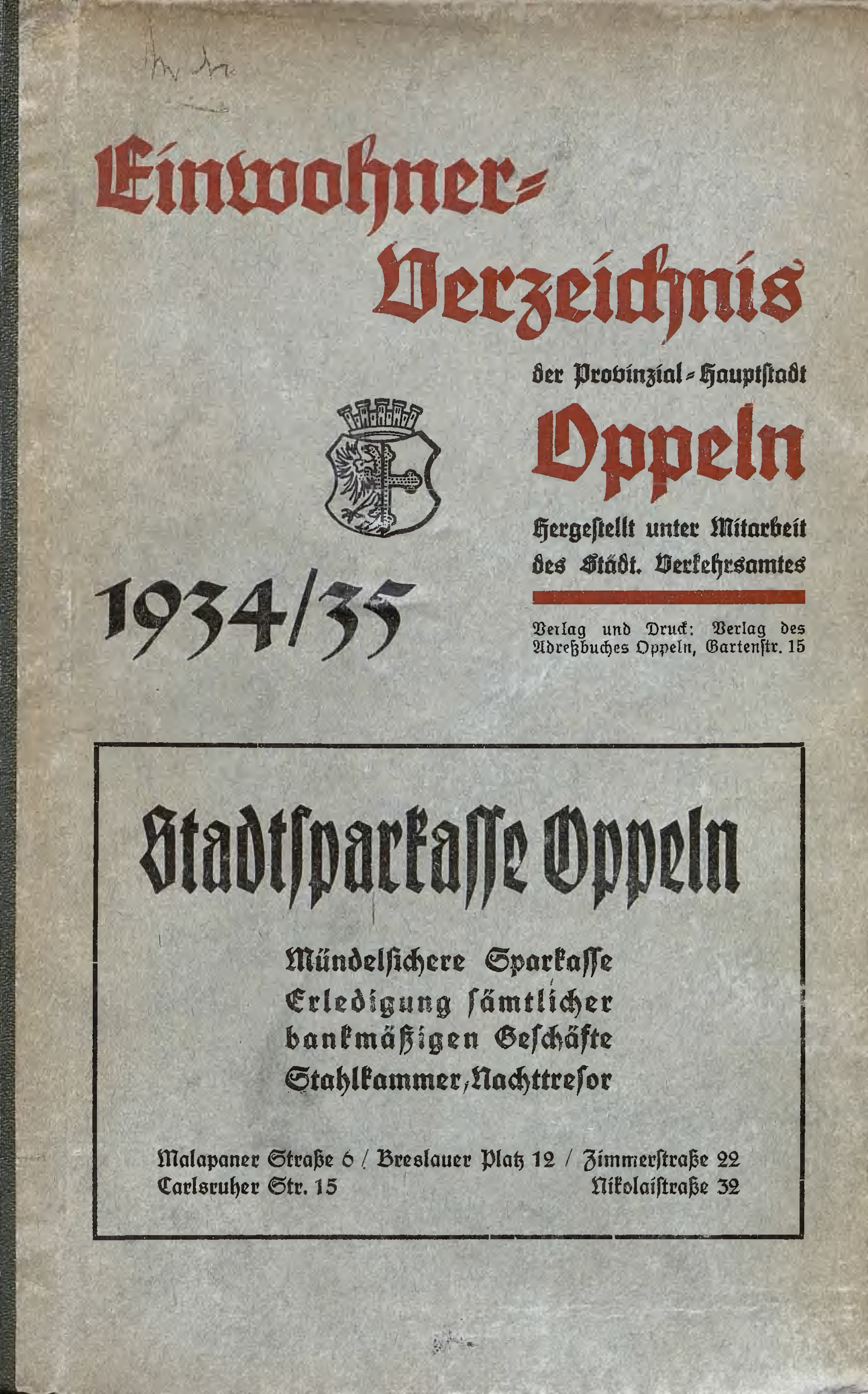 Einwohnerverzeichnis der Provinzial-Hauptstadt Oppeln 1934/35