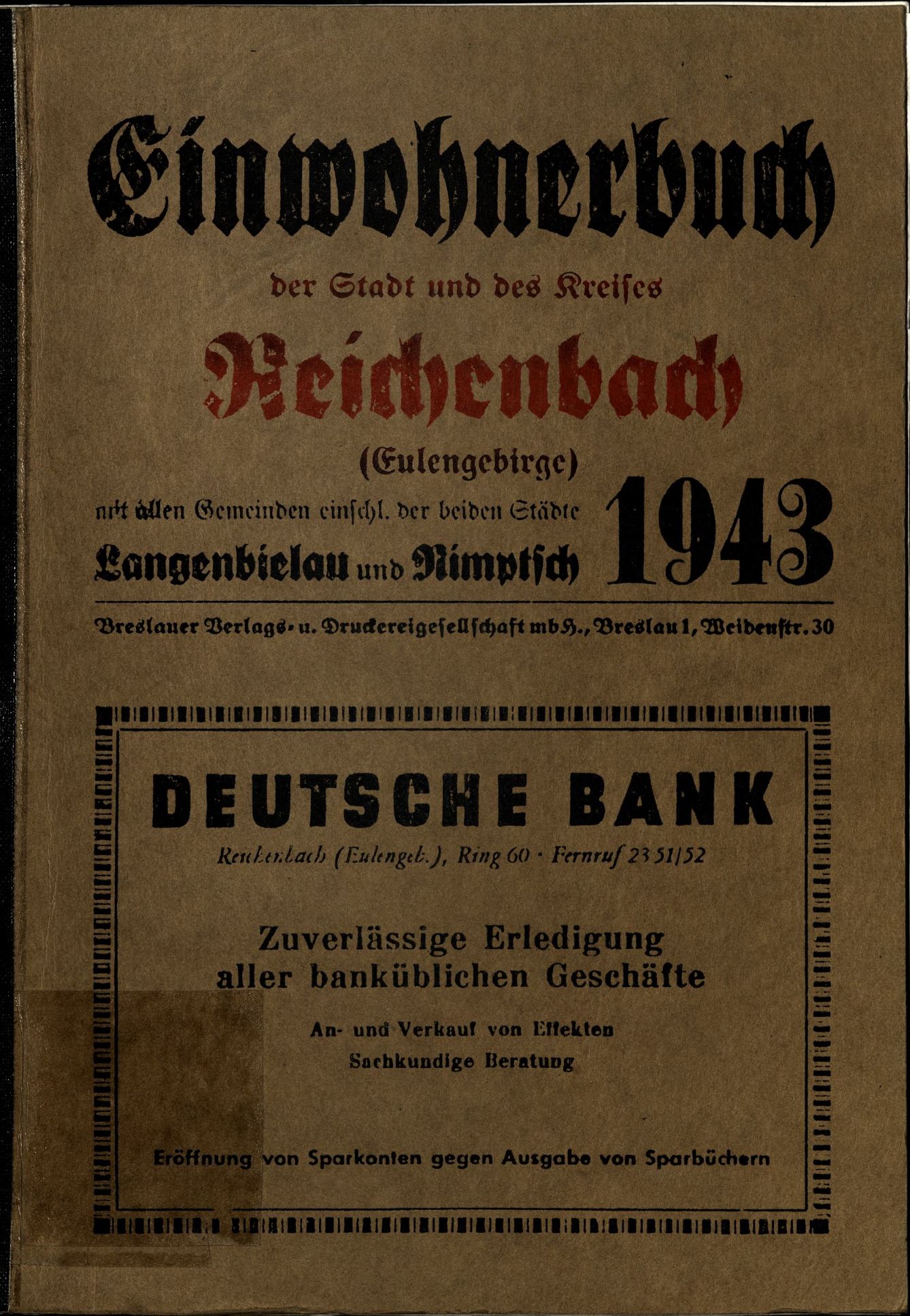 Einwohnerbuch der Stadt und des Kreises Reichenbach (Eulengebirge) 1943